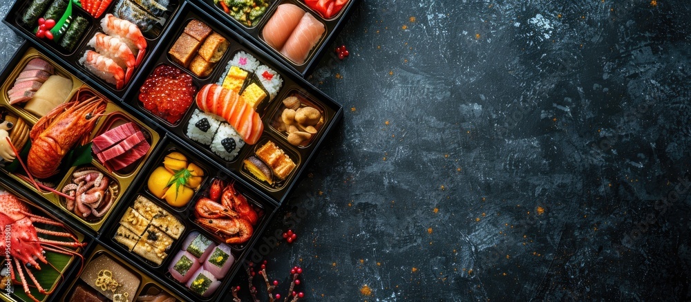 Photo featuring traditional Japanese New Year s cuisine known as Osechi with ample copy space in the image