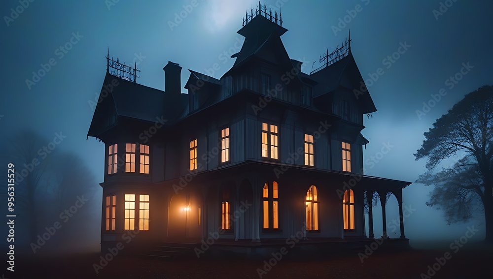 spooky manor stormy setting glowing windows attic shrouded mist fog spooky manor stormy setting glowing windows attic shrouded mist fog