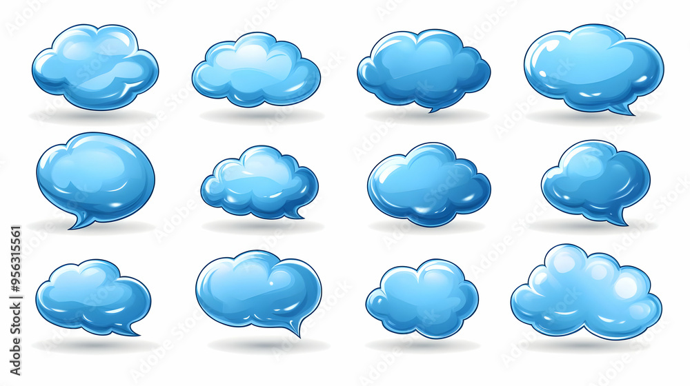 Obraz premium Cartoon Blue Cloud Speech Bubbles Set for Design