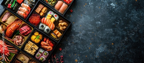 Obraz na płótnie Photo featuring traditional Japanese New Year s cuisine known as Osechi with ample copy space in the image w salonie