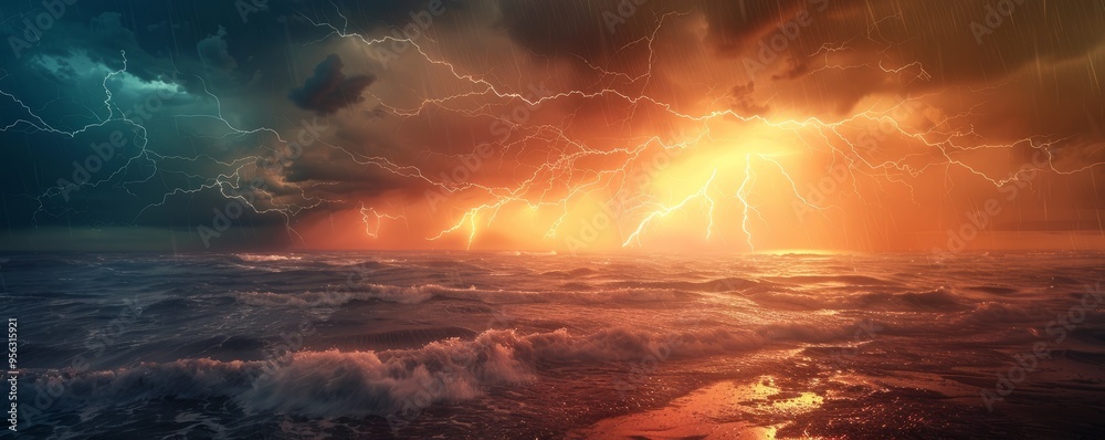 Fototapeta premium Lightning bolts striking over distant horizon, 4K hyperrealistic photo