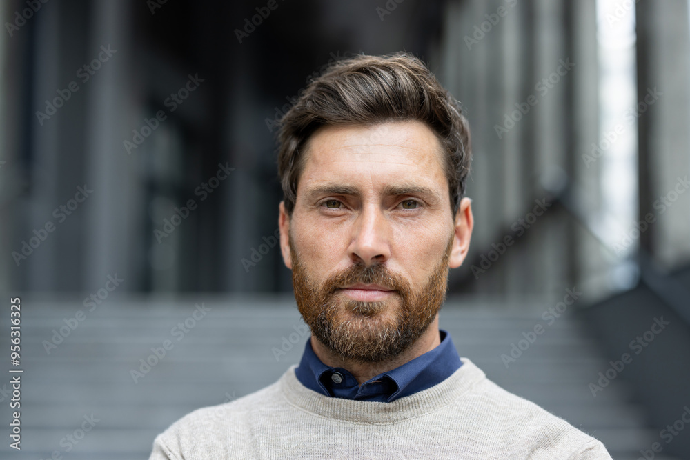 Close-up of confident businessman with serious expression, standing outside an office building. Professional attire and determined look convey leadership, success, and focus. Close-up of confident businessman with serious expression, standing outside an office building. Professional attire and determined look convey leadership, success, and focus.