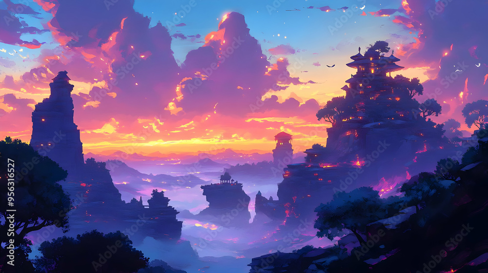 Fantasy Mountaintop City at Sunset Fantasy Mountaintop City at Sunset