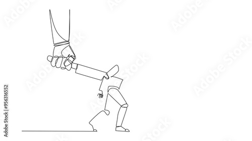 Animation of a single one line drawing robotic stabbed in the back by a large knife. Cheated to ruin by a business partner. An enemy disguised as a friend. The traitor. Full length motion photo