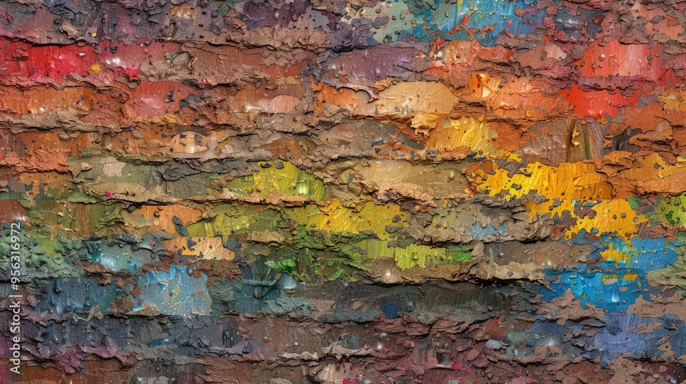 Fototapeta premium A seamless background of a rough-textured canvas with layers of oil paint applied with a palette knife, showing an array of colors blending into each other.