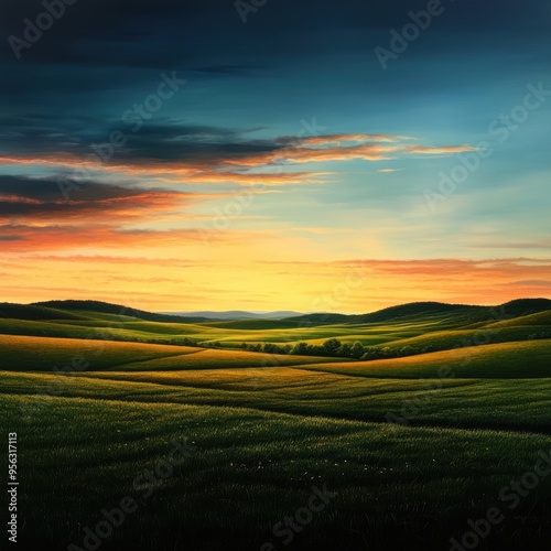 A serene landscape showcasing rolling hills under a vibrant sunset sky, perfect for conveying tranquility and natural beauty.