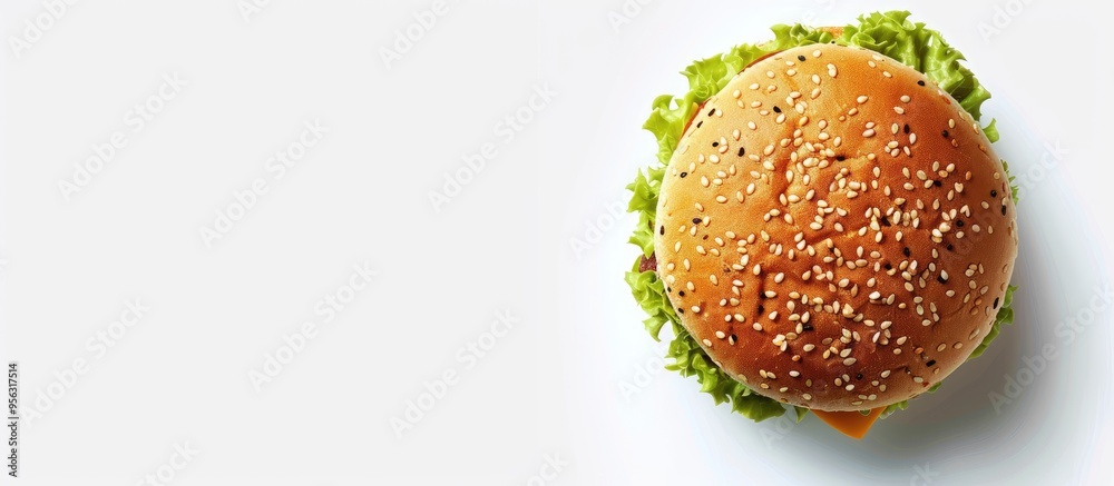 Top down perspective photograph of a hamburger bun on a white backdrop with available space for additional images