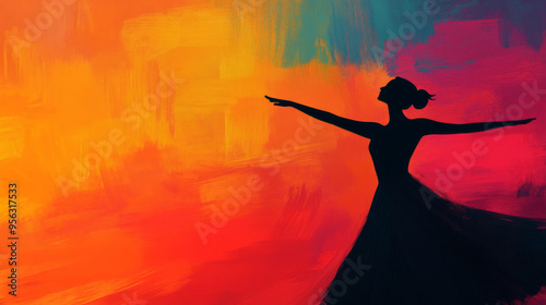 A graceful silhouette of a dancer with outstretched arms, set against a vibrant, colorful abstract background, evoking elegance and energy.