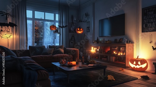 Modern Living Room Decorated for Halloween, 3D Illustration with Spooky and Festive Elements. AI generated illustration.