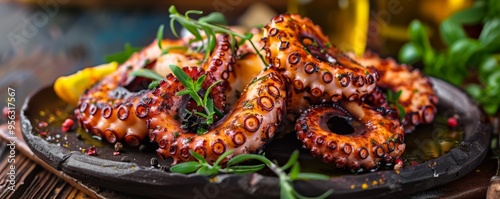 Grilled octopus with olive oil and herbs, 4K hyperrealistic photo