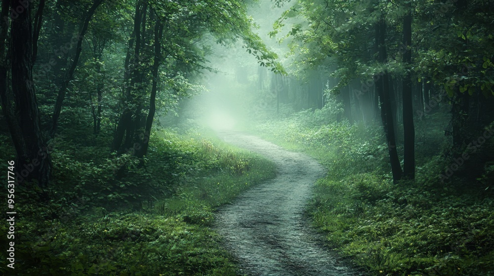 A fantasy forest path, dark and green, covered in mist and dew, winding through the woods with a sense of mystery. Ample copy space available. A fantasy forest path, dark and green, covered in mist and dew, winding through the woods with a sense of mystery. Ample copy space available.