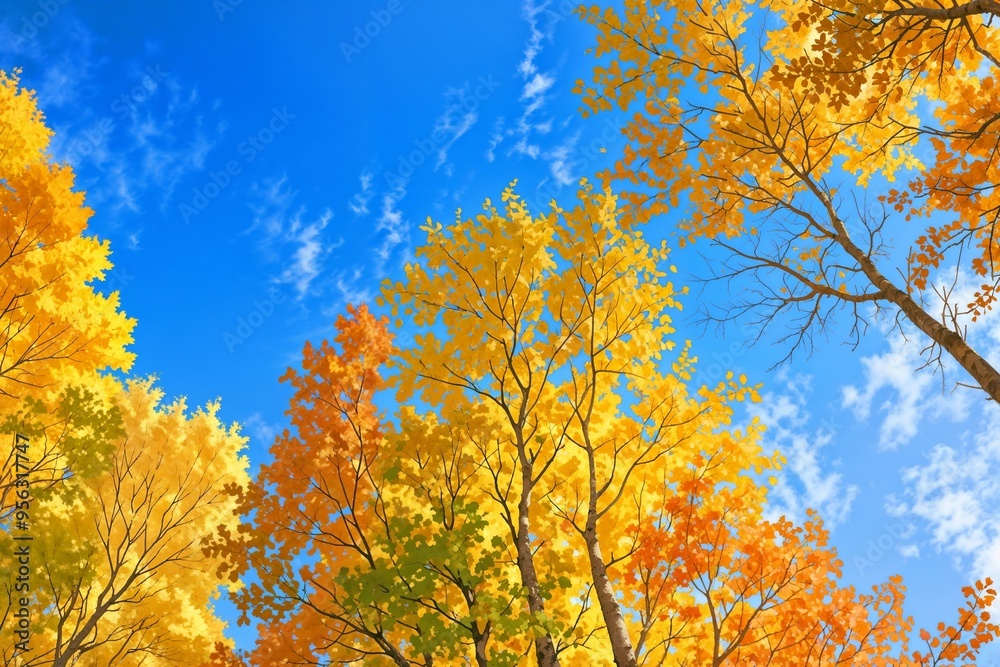 Bright autumn foliage against a blue sky, capturing the vibrant colors of fall. Ideal for seasonal and nature-themed designs. Bright autumn foliage against a blue sky, capturing the vibrant colors of fall. Ideal for seasonal and nature-themed designs.