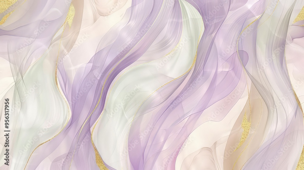Obraz premium A seamless background with a watercolor effect depicting soft, flowing strokes in pastel shades of lavender, seafoam, and pale gold, evoking a tranquil, airy atmosphere.