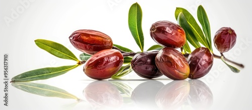 Fototapeta Naklejka Na Ścianę i Meble -  Ripe jojoba fruits with leaves isolated on white background with copy space image