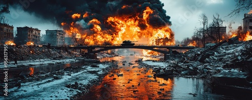 Tank is walking across a bridge over a destroyed city, urban landscape in shambles, signs of war everywhere.