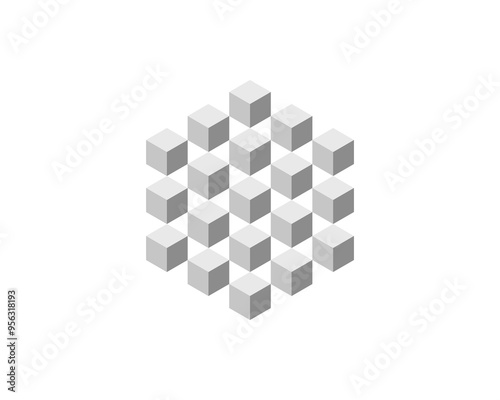 Cube logo, geometric vector design. Box logotype company, trendy tech emblem in pixel style.