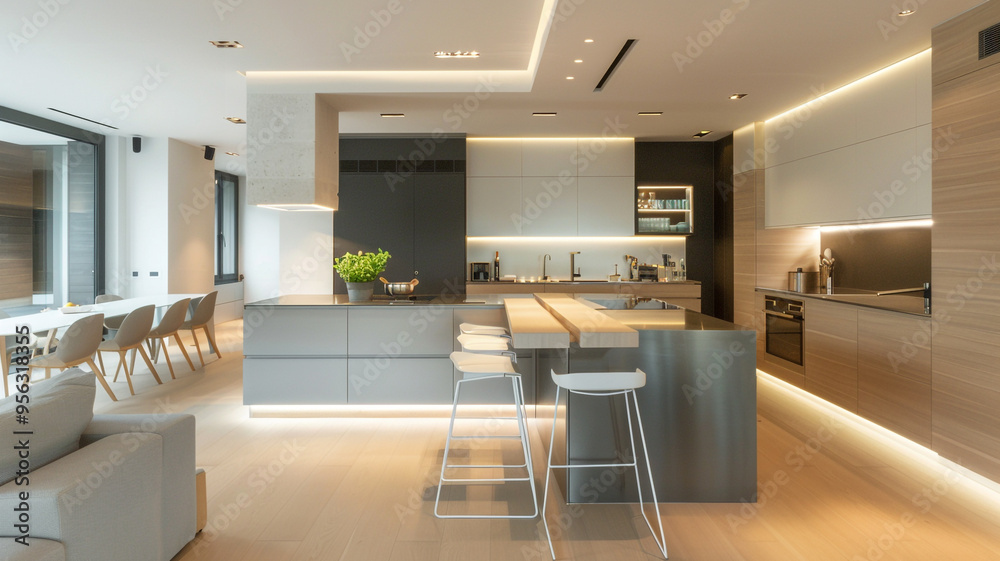 a minimalist kitchen with a sleek island and minimalist bar seating