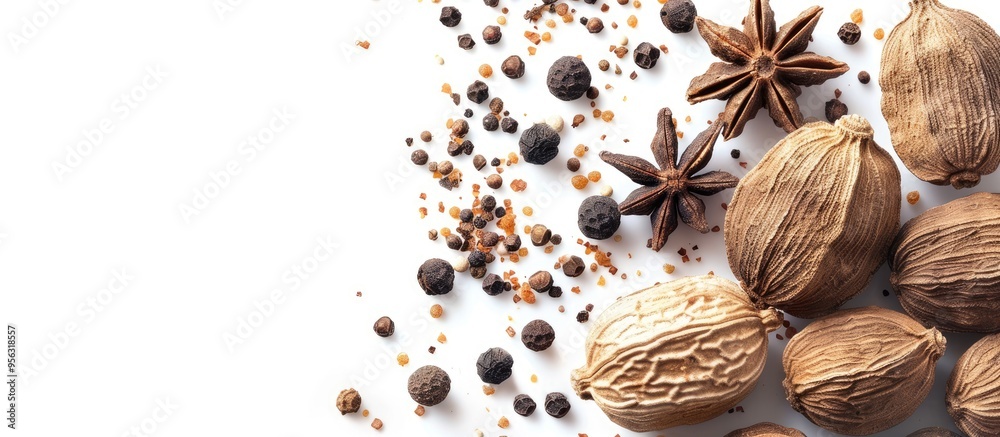 Nutmeg seeds with a black outer shell amidst several spices on a white background with copy space image
