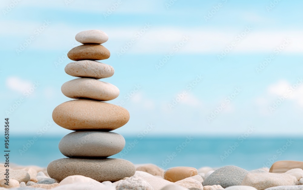 A serene stack of smooth stones on a beach, symbolizing balance and tranquility against a calm blue sky and ocean backdrop. A serene stack of smooth stones on a beach, symbolizing balance and tranquility against a calm blue sky and ocean backdrop.