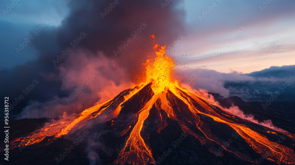 Fototapeta premium A dramatic scene of a volcano erupting, spewing glowing lava and thick clouds of ash into the sky.