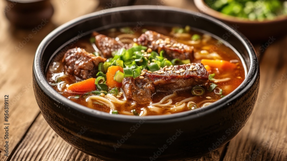 A delicious noodle soup with pork ribs and vegetables in a black bowl, resting on a wooden table, ready to be enjoyed A delicious noodle soup with pork ribs and vegetables in a black bowl, resting on a wooden table, ready to be enjoyed