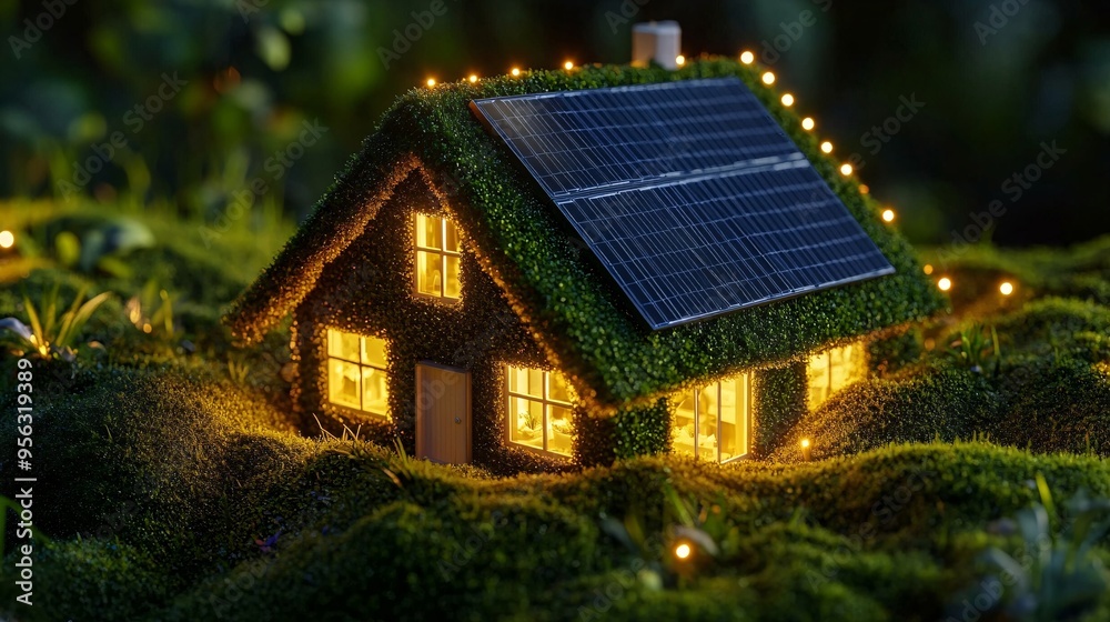 A cozy miniature house adorned with solar panels and lights, set in a lush green landscape. A cozy miniature house adorned with solar panels and lights, set in a lush green landscape.