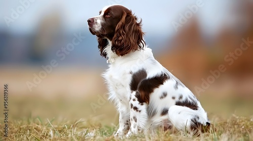  A brown and white dog with wavy fur sits attentively on a grassy field