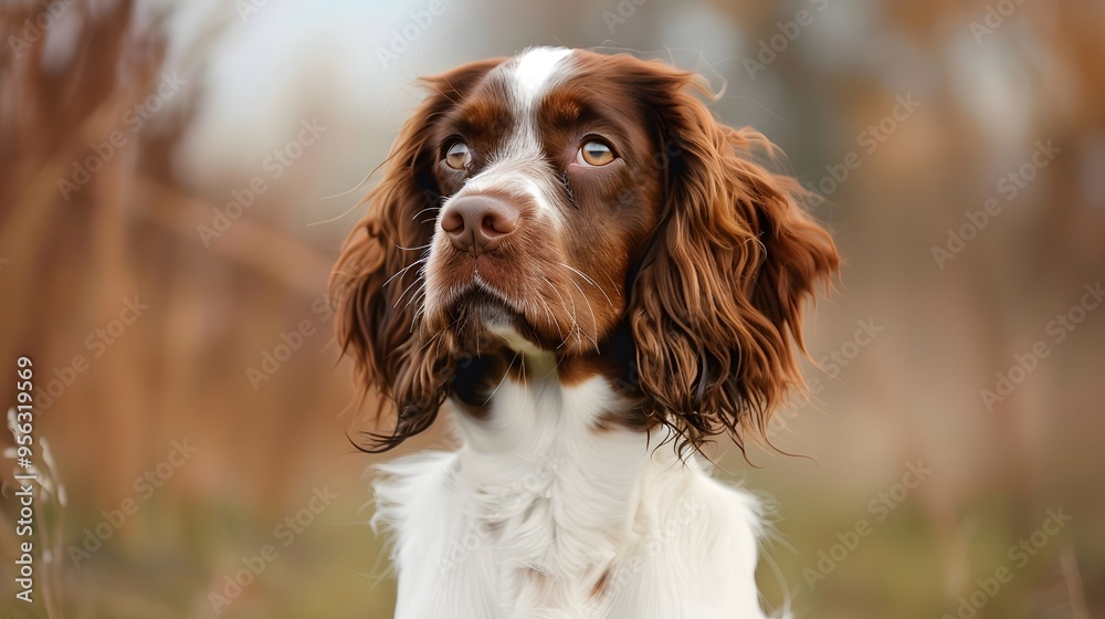 A brown and white spaniel dog with soulful eyes looking off into the distance A brown and white spaniel dog with soulful eyes looking off into the distance