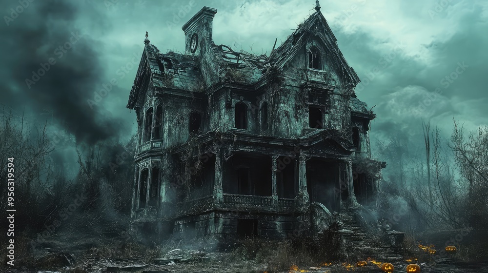 Obraz premium Old Abandoned Haunted House, Spooky Halloween Setting, 3D Render Illustration. AI generated illustration.