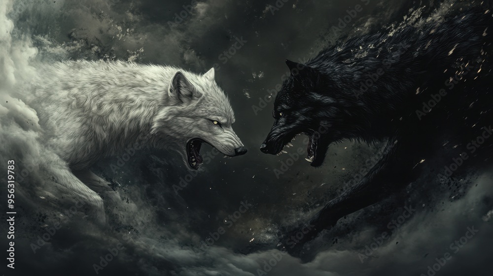 A dramatic scene of a white wolf and a black wolf in a fierce duel, representing the eternal battle between good and evil. Copy space available. A dramatic scene of a white wolf and a black wolf in a fierce duel, representing the eternal battle between good and evil. Copy space available.