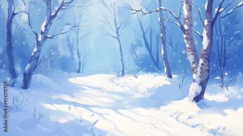 A serene winter landscape showcasing trees blanketed in snow, creating a tranquil and peaceful atmosphere in a snowy forest.