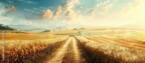 A scenic rural landscape with a trail through a golden field stretching towards the horizon framed by golden cornfields on one side and freshly plowed land on the other ideal for a copy space image