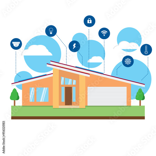 Illustration a modern smart home with various technological features highlighted.