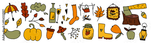 set of Autumn stickers, clip art, doodles, elements for prints, scrapbooking, planners, cards, posters, home decor etc. Childish naive art style. Hand drawn vector illustrations.