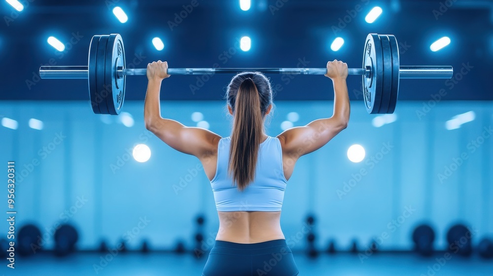 Fototapeta premium A determined athlete lifts a barbell in a modern gym, showcasing strength and dedication in a vibrant blue ambiance.