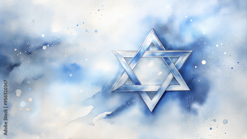 Delicate Watercolor Star of David in Silver and Blue on Light Wash Background, Symbolic and Elegant with Copy Space Delicate Watercolor Star of David in Silver and Blue on Light Wash Background, Symbolic and Elegant with Copy Space