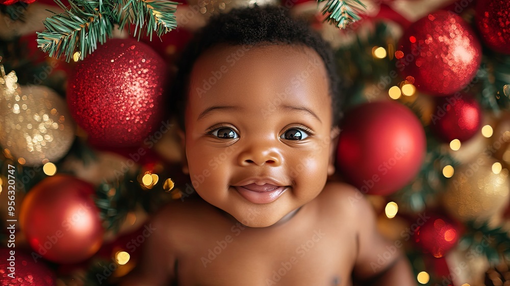 Christmas gift, african newborn baby on new year background Christmas gift, african newborn baby on new year background