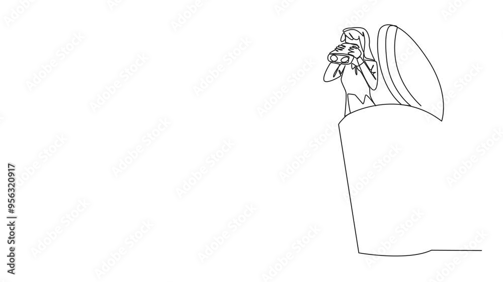 Self drawing animation of continuous one line drawing businesswoman comes out of paper cup looks for something through binoculars. Best friends after many deadlines. Makes relax. Full length animated Self drawing animation of continuous one line drawing businesswoman comes out of paper cup looks for something through binoculars. Best friends after many deadlines. Makes relax. Full length animated