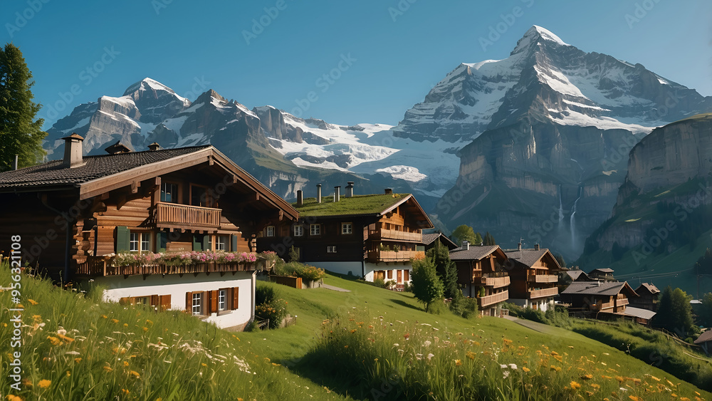 a house with a mountain in the background Serene Mrren, Switzerland Traditional Wooden Chalets a house with a mountain in the background Serene Mrren, Switzerland Traditional Wooden Chalets