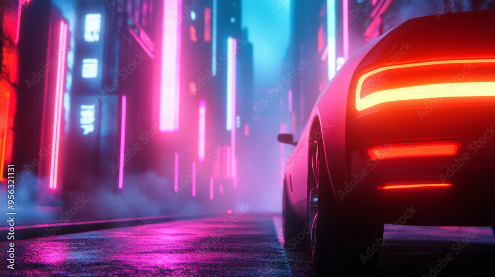A futuristic car in a neon-lit city alley, capturing the sleek design and vibrant energy of a modern urban environment at night. A futuristic car in a neon-lit city alley, capturing the sleek design and vibrant energy of a modern urban environment at night.