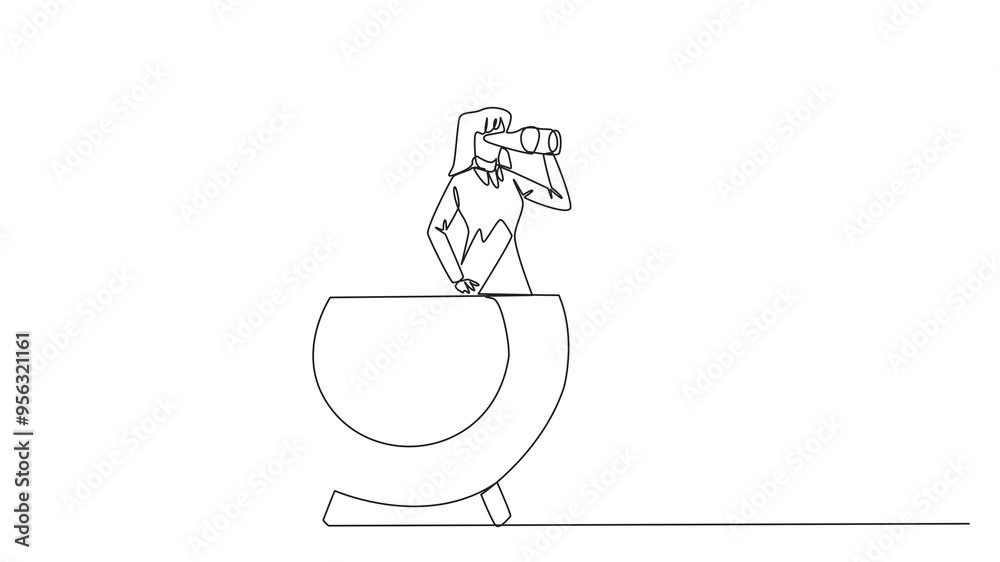 Animated self drawing of continuous one line drawing businesswoman out of target arrow board looking for something through binoculars. Controlling focus for business success. Full length animation Animated self drawing of continuous one line drawing businesswoman out of target arrow board looking for something through binoculars. Controlling focus for business success. Full length animation