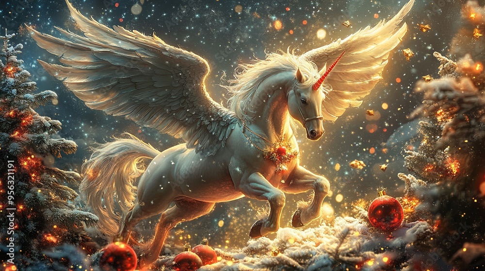 Mystical animal , Pegasus on New Year's background Mystical animal , Pegasus on New Year's background