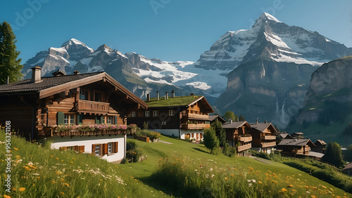 a house with a mountain in the background Serene Mrren, Switzerland Traditional Wooden Chalets photo