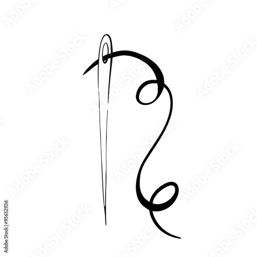 Vintage needle with thread, isolated. Sewing tool for fashion. Retro style for stitch, dressmaker, hobby and craft. Graphic vector line, hand drawn, black silhouette for cricut