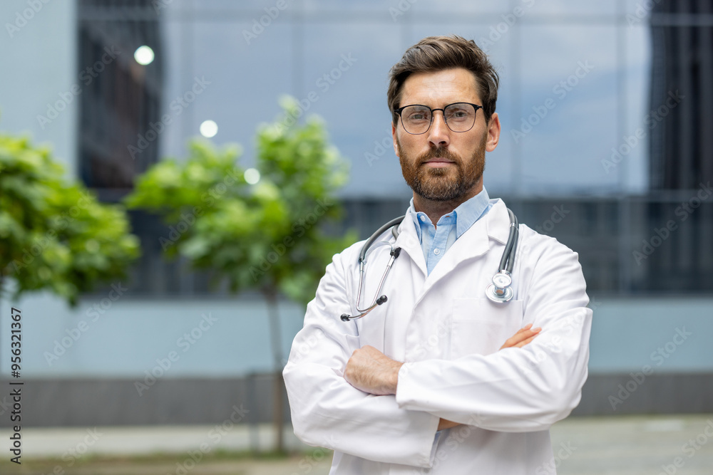Portrait of confident doctor with crossed arms in white coat and stethoscope. Depicts professionalism, medical expertise, and dedication. Ideal for healthcare, hospital, and medical practice concepts. Portrait of confident doctor with crossed arms in white coat and stethoscope. Depicts professionalism, medical expertise, and dedication. Ideal for healthcare, hospital, and medical practice concepts.
