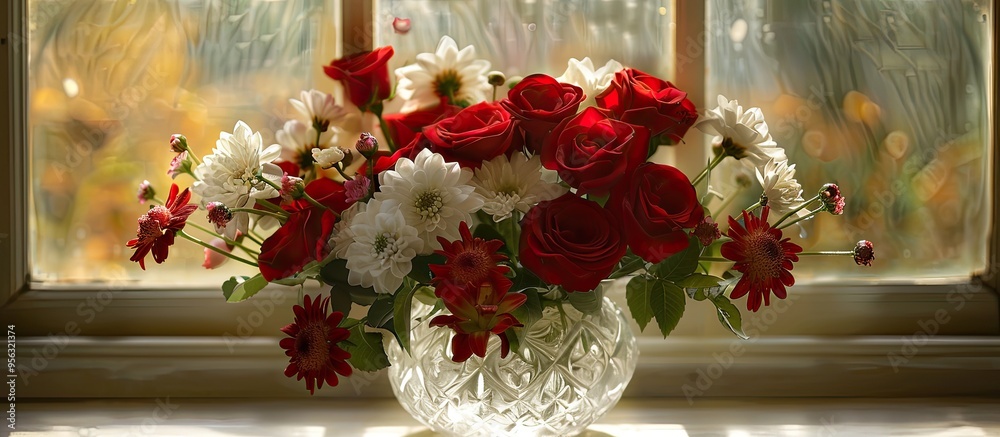 A charming floral arrangement of red roses white chrysanthemums and delicate pink blooms in a crystal vase placed by the window creating an elegant copy space image A charming floral arrangement of red roses white chrysanthemums and delicate pink blooms in a crystal vase placed by the window creating an elegant copy space image