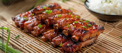 Delicious Cantonese BBQ pork served on a bamboo mat with rice a stunning presentation for your copy space image photo