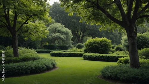 a field of green grass with a tree in the background Vibrant Green Park Landscape with Lush Bushes