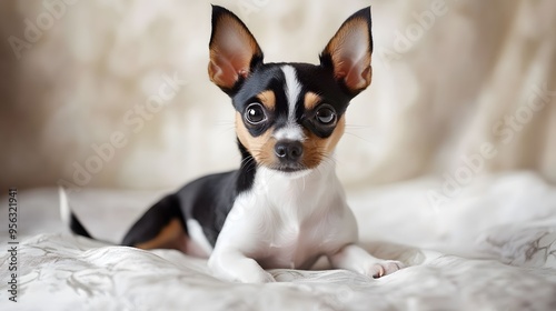  Chihuahua puppy with large ears lying on a bed