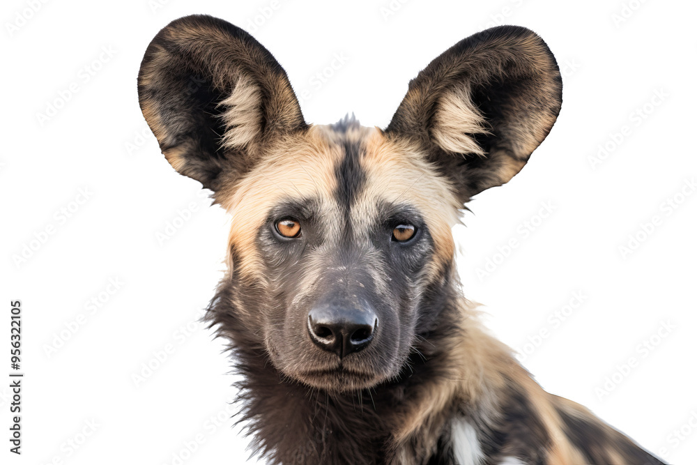 African wild dog standing alert with distinctive coat pattern on transparent background for easy integration African wild dog standing alert with distinctive coat pattern on transparent background for easy integration